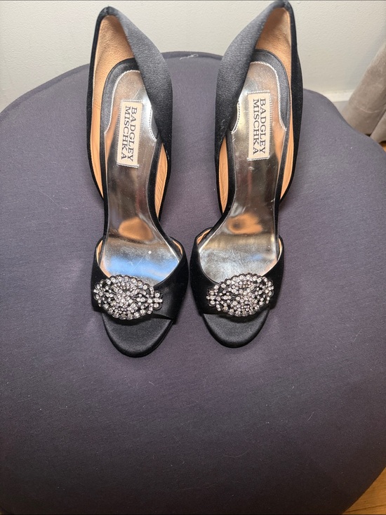 Badgley Mischka Shoes - Badgley Mischka Black Satin Peep-Toe Heels with Crystal Brooch